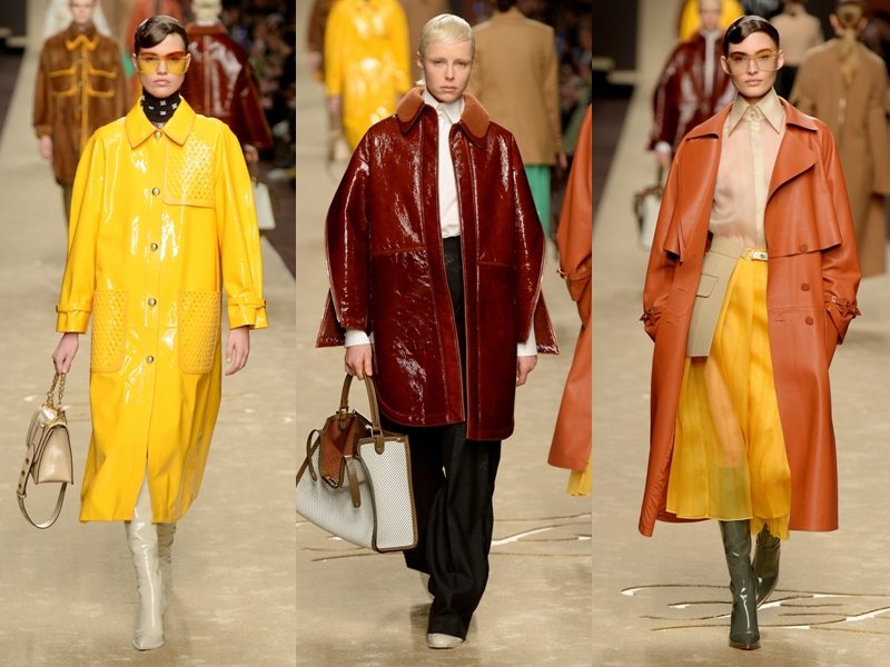 Các thiết kế bằng da cũng thể hiện sự đa dạng với kiểu áo jacket, trenchcoat, măng-tô được phủ bằng các gam màu bắt mắt như vàng chanh, cam đất, đỏ rượu vang,...