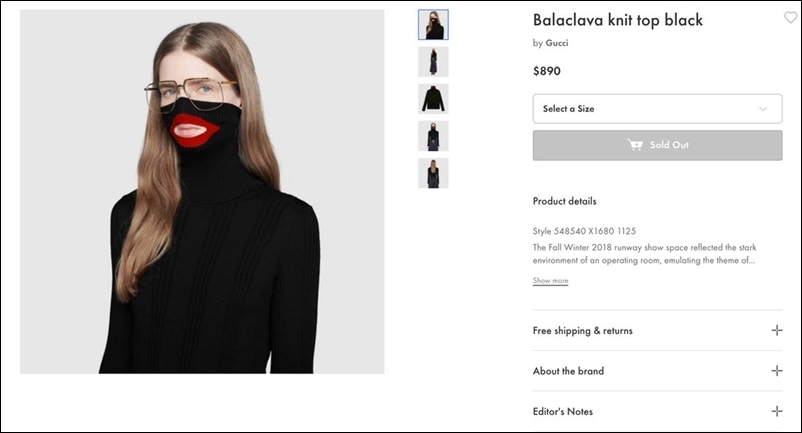 Thiết kế theo phong cách balaclava trị giá 890 USD nay đã được gỡ bỏ khỏi hệ thống sản phẩm trên trang chủ của Gucci.