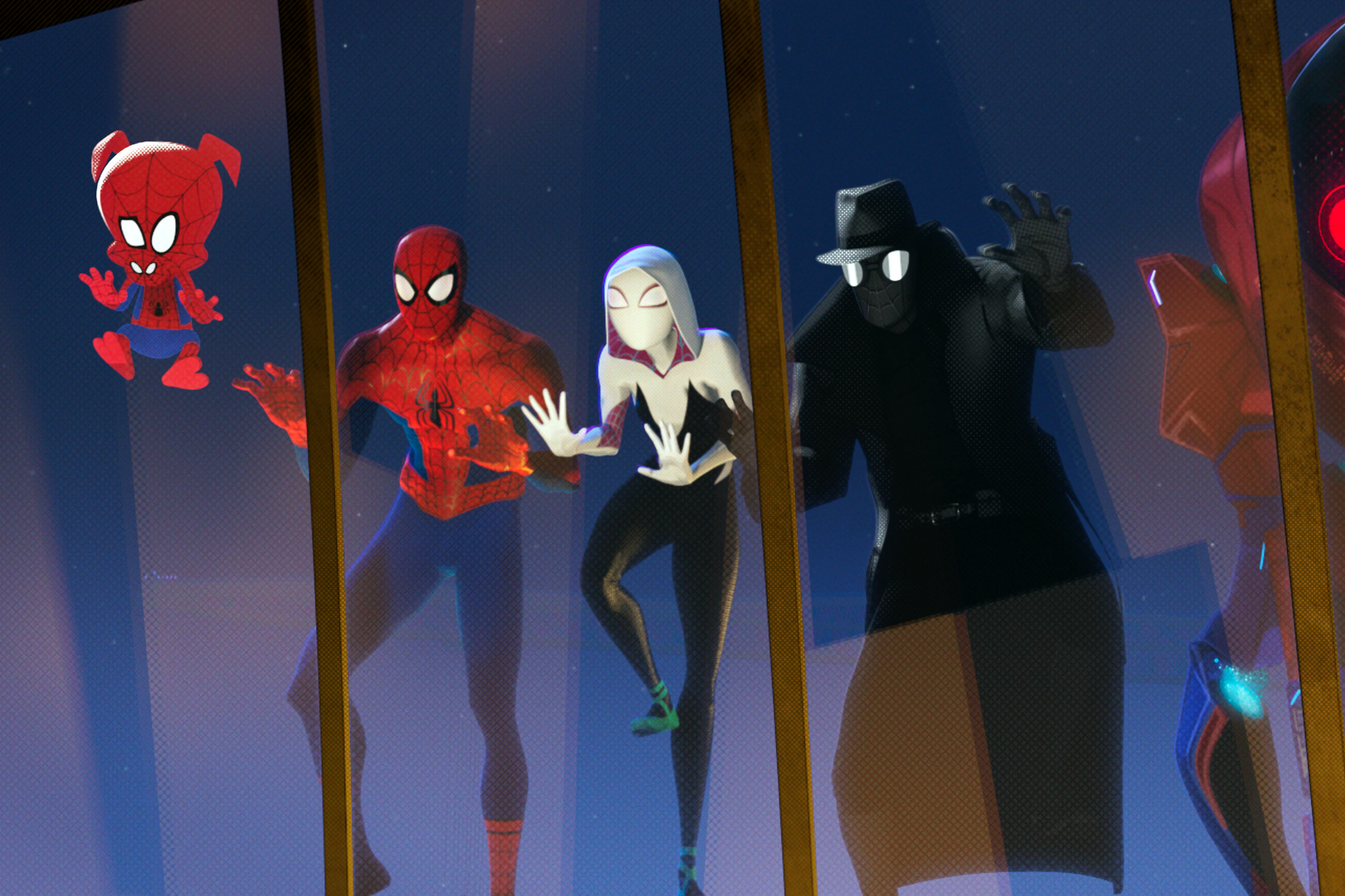 Spider-Ham (John Mulaney) Peter Parker (Jake Johnson), Spider-Gwen (Hailee Steinfeld), Spider-Man Noir (Nicolas Cage), and SP//DR in Columbia Pictures and Sony Pictures Animation's SPIDER-MAN: INTO THE SPIDER-VERSE.